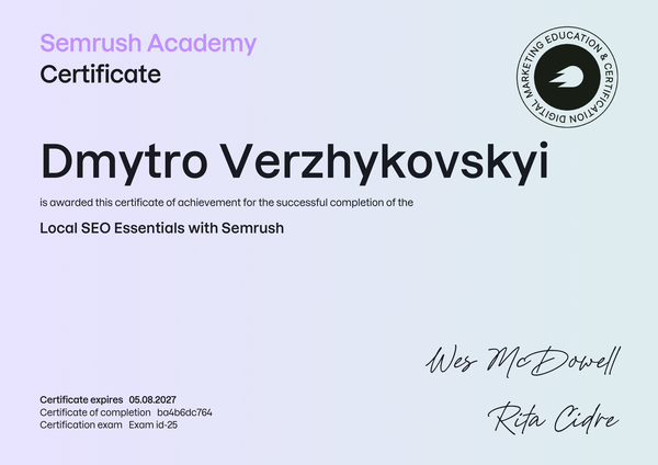 Local SEO Essentials certificate, Semrush Academy