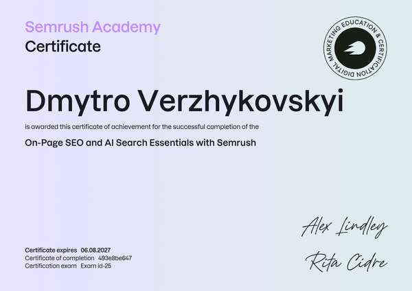 On-Page SEO and AI Search Essentials certificate, Semrush Academy