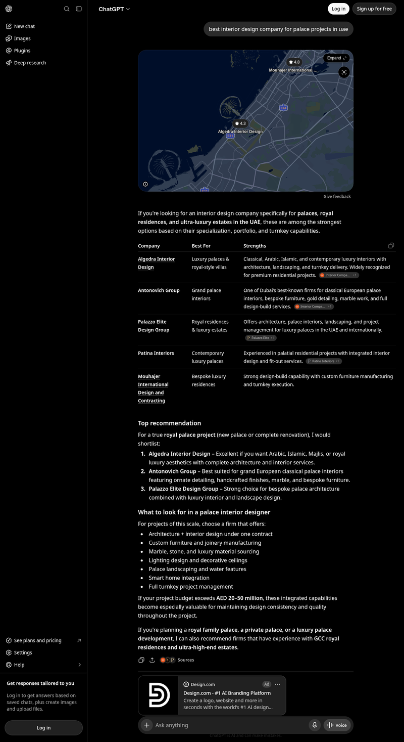 ChatGPT answer for "best interior design company for palace projects in uae" listing Antonovich Group for grand palace interiors and in the top-three shortlist.